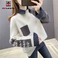 AEMAPE衛衣女2025春秋冬季新款加絨毛衣拼接假兩件打底衫韓版外套 MX-3290_米白色【不加絨】 3XL _建議130-140斤