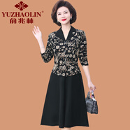 俞兆林（YUZHAOLIN）媽媽春秋西裝領(lǐng)碎花拼接連衣裙2025新款貴夫人氣質(zhì)假兩件遮肚裙子 黑色 XL (參考90-105斤)