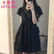 樂(lè )雅秀夏季新款日系學(xué)院風(fēng)v領(lǐng)碎花連衣裙女學(xué)生韓版寬松中長(cháng)款短袖A字裙 黑色 M 建議95-105斤