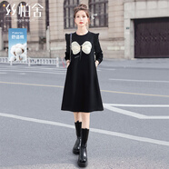 絲柏舍短款連衣裙2025秋裝新款女裝休閑減齡撞色圓領(lǐng)捏褶A字裙