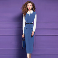 菲夢(mèng)伊撞色拼接襯衫連衣裙女春裝時(shí)尚別致通勤氣質(zhì)職業(yè)中長(cháng)款裙子 靛藍色 L