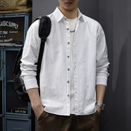 后琤美式棉麻純色簡(jiǎn)約襯衫男長(cháng)袖2025秋季新款休閑襯衣男士外套上衣服 白色 M （100-120斤）