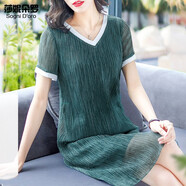 莎妮朵羅大碼女裝連衣裙夏胖妹妹夏裝新品胖mm顯瘦遮肚短袖雪紡裙14943 綠色 6XL建議190-210斤穿著