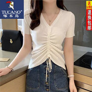 啄木鳥(niǎo)V領(lǐng)短袖冰絲針織衫T恤女夏季新款抽繩系帶修身緊身時(shí)尚短款上衣潮 白色 L 建議105-115斤