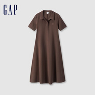Gap女裝翻領刺繡logo短袖針織連衣裙簡約長裙680487 棕色 175/92A(XL) 亞洲尺碼