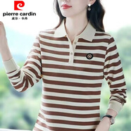皮爾卡丹（pierre cardin）條紋長(cháng)袖純棉t恤女2025春季新款中年媽媽裝翻領(lǐng)打底Polo衫大碼潮 【特惠妙殺】CW-1828咖啡色 2XL (適合120-130斤)