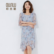 歐絲璐春夏新品桑蠶絲印花真絲短袖連衣裙女 藍(lán)色碎花 M