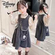 迪士尼秋冬女童連衣裙小香風(fēng)套裝裙洋氣公主裙女孩兒童背帶裙兩件套裝 灰色 100