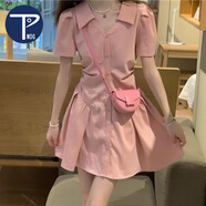 PMOGpolo領(lǐng)短袖襯衫連衣裙女小個子夏季2024襯衫裙收腰a字短裙 粉紅色 M 建議92-104斤