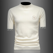 管先生中領(lǐng)短袖毛衣男冬天加厚半袖羊毛衫輕奢刺繡針織衫男半高領(lǐng)打底衫 7807米白 L