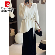 皮爾卡丹（pierre cardin）不規(guī)則白色V領(lǐng)浣熊絨中長(zhǎng)款毛衣女秋冬季百搭針織衫收腰系帶上衣 白色奶系穿搭/軟糯/感/奶fufu的 S 80-95斤