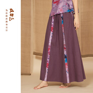 指間沙原創(chuàng  )女裝24春季文藝全松緊高腰半裙A擺拼接棉麻中長(cháng)半裙 咖啡紅53 M