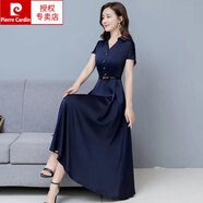 皮爾卡丹（pierre cardin）2024年新款連衣裙夏季修身顯瘦氣質(zhì)高檔冰絲長(zhǎng)款收腰遮肚大擺長(zhǎng)裙 藏青色 L