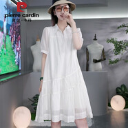 皮爾卡丹白色雪紡連衣裙2025新款女夏裝韓版感寬松大碼a字襯衣領裙子 白色 XL 115-130斤