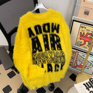 KMKA毛衣歐美風(fēng)男秋冬提花水貂絨圓領(lǐng)套頭休閑學(xué)生學(xué)院風(fēng)復古針織衫 黃色 XL