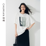 初棉光影個(gè)性印花短袖T恤女24夏季長絨棉寬松廓形T落肩顯瘦上衣 云朵白 M