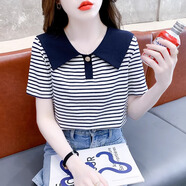燕潯條紋短袖t恤女2025年新款夏季設計感T恤獨特別致娃娃領(lǐng)上衣女 條紋 L 建議105-120斤