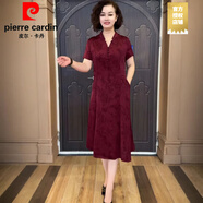 皮爾卡丹50歲媽媽裝休閑連衣裙中老年人香云紗夏季時尚大碼短袖過膝裙子 桑蠶絲連衣裙紅色 XL 廣州十三行連衣裙- 推薦90-110斤