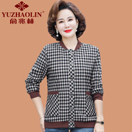 俞兆林（YUZHAOLIN）媽媽秋裝格子短款外套時(shí)尚新款中老年女春秋季薄款休閑夾克上衣服 黑格 XL (參考90-105斤)