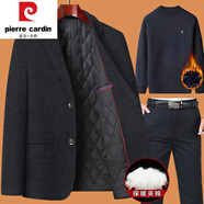 皮爾卡丹（pierre cardin）爸爸秋冬裝外套裝中老年人西服男公公加棉加厚婚宴禮服小西裝上衣 加棉款黑灰色+毛衣+長褲 3XL 190 160-175斤