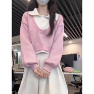 CTOX學院風短款POLO領毛衣女春秋冬高腰設計感兩件套針織上衣2024新款 粉色 2XL 建議130-150斤