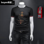 帛延 潮牌絲光棉短袖T恤男夏季新款小蜜蜂刺繡亮片半袖體恤修身上衣潮 黑色 XL