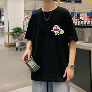 蘇愚花灰色短袖t恤情侶T恤潮哆啦A夢(mèng)原宿風(fēng)寬松夏季上衣ins潮情侶款 180克-黑色 XL