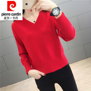 皮爾卡丹（pierre cardin）23年新款加絨加厚毛衣女秋冬V領(lǐng)短款低領(lǐng)針織打底衫外穿雞心領(lǐng)上 【紅色】 M 80斤-95斤穿