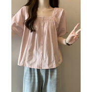 Jret法式方領(lǐng)短袖寬松雪紡衫女2025夏季遮肚顯瘦娃娃衫洋氣上衣 粉 色 XL 建議120-140斤