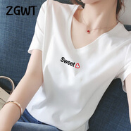 ZGWT輕奢高檔品牌精品V領(lǐng)短袖T恤女夏季新款時(shí)尚百搭半袖上衣 v領(lǐng) 【白色SWeet心 】 3XL (135-150斤)