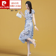 皮爾卡丹官方高檔女裝溫柔風(fēng)連衣裙2022年新款女裝夏季中長款40歲中年氣質(zhì)印花短袖雪紡顯瘦洋氣裙針織 紫色 160/M