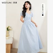 西遇V領(lǐng)泡泡袖茶歇連衣裙女2024春季新款褶皺高腰顯瘦A擺裙子 藍色 M