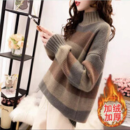 洱櫻小個(gè)子冬天毛衣加絨加厚長(cháng)款半高領(lǐng)女套頭秋冬季女韓版新款毛線(xiàn)衣 加絨加厚咖啡色 L 建議105-120斤