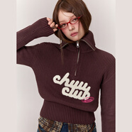 CHUU字母刺繡針織衫女2025年冬季新品貼布繡大翻領(lǐng)半拉鏈長袖毛衣 咖啡色 均碼
