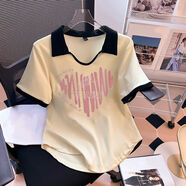 妃麗慕尚大碼女裝polo領(lǐng)短袖t恤女夏季200斤胖mm時尚刺繡寬松顯瘦遮肉上衣 575杏色 3XL 建議150-170斤