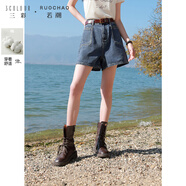 三彩大碼女裝2025春季新款中腰小A牛仔褲顯瘦短褲簡約口袋胖MM 海軍藍(lán) 2XL 175/84B