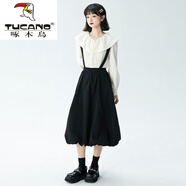 啄木鳥(niǎo)（TUCANO）少女背帶裙日系減齡甜美可拆卸春季中長(cháng)款高腰寬松花苞裙半身裙子 黑色 S