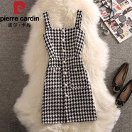 皮爾卡丹（pierre cardin）背帶裙顯瘦收腰連衣裙冬2025年格子長(cháng)袖打底吊帶氣質(zhì)秋女新款毛呢 黑色 【單件馬甲】 S 【80-90斤穿】