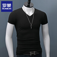 羅蒙（ROMON）短袖t恤男士修身夏季V領(lǐng)緊身體恤透氣運動(dòng)青年薄款純色打底衫 黑色 M 斤左右穿