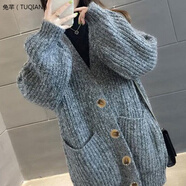 仿羊毛開衫外套女粗線加厚中長款V領(lǐng)毛衣2021年秋冬季新款韓版寬松針織 灰色【有扣】 L