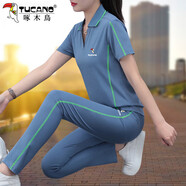 啄木鳥(niǎo)品牌女裝休閑運動(dòng)服套裝女夏季2025新款大碼夏裝兩件套 藍灰色 2XL 建議125-140斤