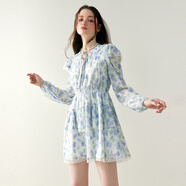 樂(lè )町蕾絲拼接長(cháng)袖碎花裙度假風(fēng)V領(lǐng)藍碎花雪紡連衣裙 藍印花(現貨) S