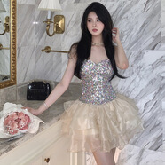 歐美性感辣妹裹胸珠片拼接歐根紗蛋糕裙 圖片色 S