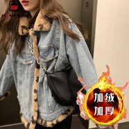 AEMAPE外套女2025年春秋冬加絨加厚牛仔外套女韓版寬松羊羔絨休閑 豹紋絨【加絨加厚】_826 S_80100斤