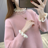 予瑾木耳邊釘珠半高領(lǐng)仿水貂絨毛衣女2024新款加絨加厚打底衫秋冬內(nèi)搭 粉色+白邊領(lǐng) S 建議80-95斤