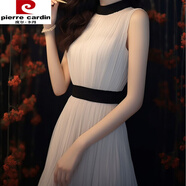 皮爾卡丹（pierre cardin）森系小眾設計黑白撞色連衣裙夏季外穿遮肉年輕通勤百褶白裙子【5 白色 2XL 130-140斤