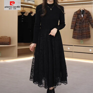 皮爾卡丹（pierre cardin）針織連衣裙2026新款女秋冬感蕾絲長(cháng)裙假兩件配大衣毛衣打底裙 黑色 4XL 【建議146-160斤左右】