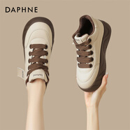達芙妮加絨加厚棉鞋女冬季新款時(shí)尚百搭休閑鞋女運動(dòng)厚底面包鞋板鞋女 米咖色加絨 35