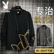 花花公子（PLAYBOY）春秋純棉衛(wèi)衣男士長(zhǎng)袖t恤加大碼圓領(lǐng)寬松冬季加絨體恤T打底衫衣服 32黑色（春秋款） 6XL