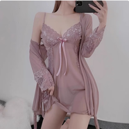 俞兆林睡衣女吊帶睡裙 蕾絲透明薄紗修身性感睡衣女誘惑套裝 豆沙色【睡裙+外袍+T褲+系帶】 L